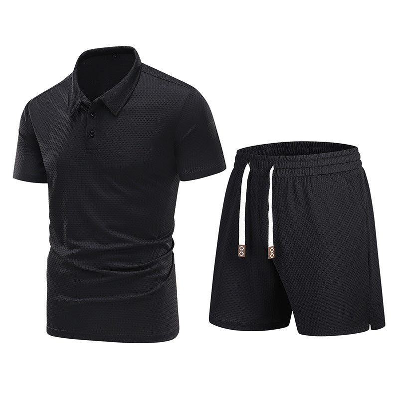 Summer men's Turndown Collar short-sleeved top and shorts two-piece set 3