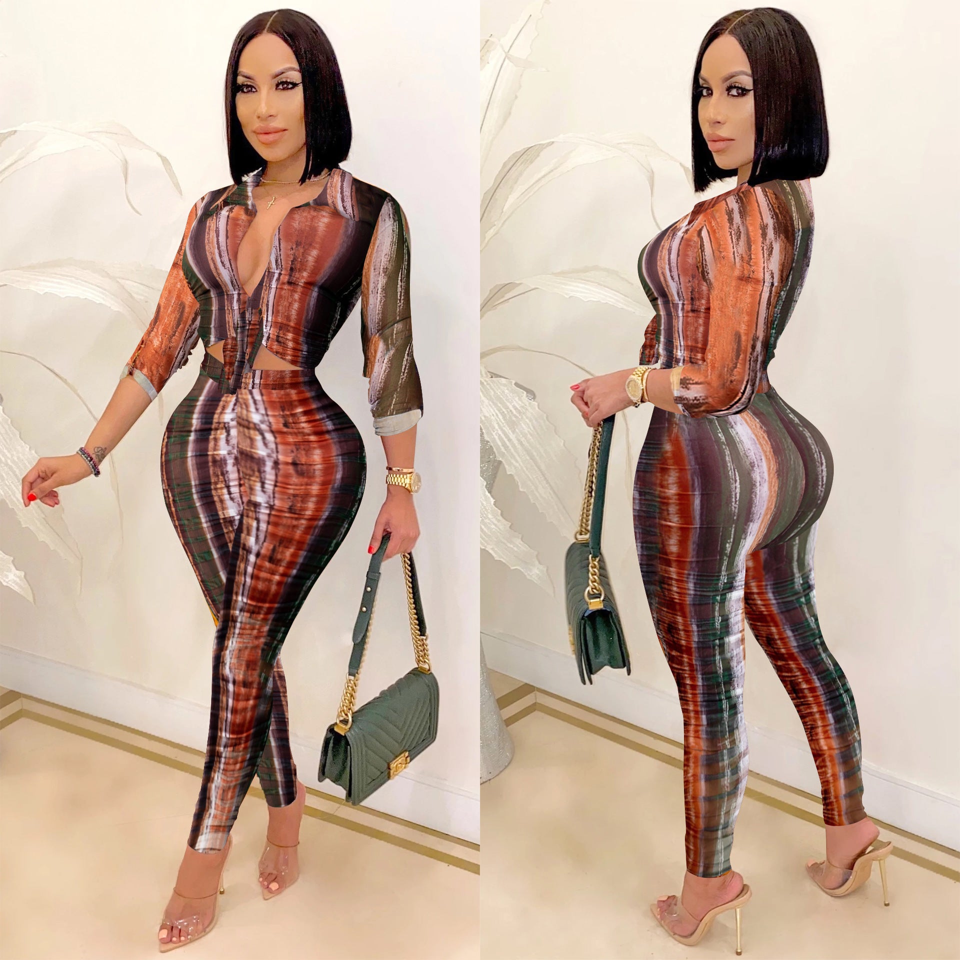 Trendy Print V-Neck Long-Sleeve Two-Piece Pants Set 4