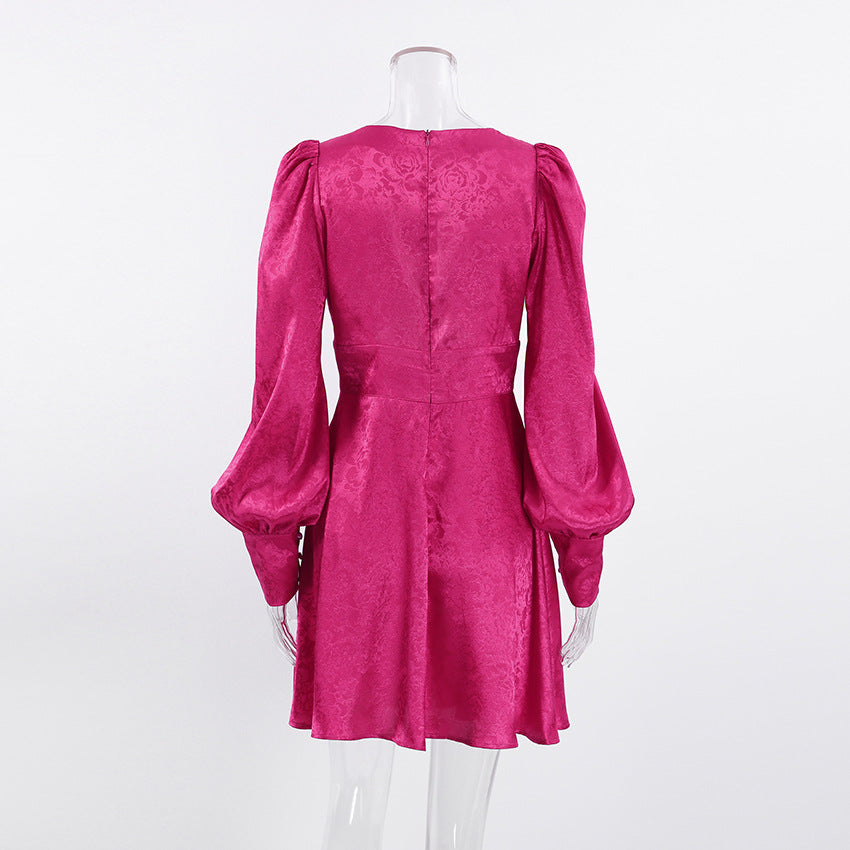 Autumn V-Neck Cut-Out Jacquard Lantern Sleeve Short Dress 10