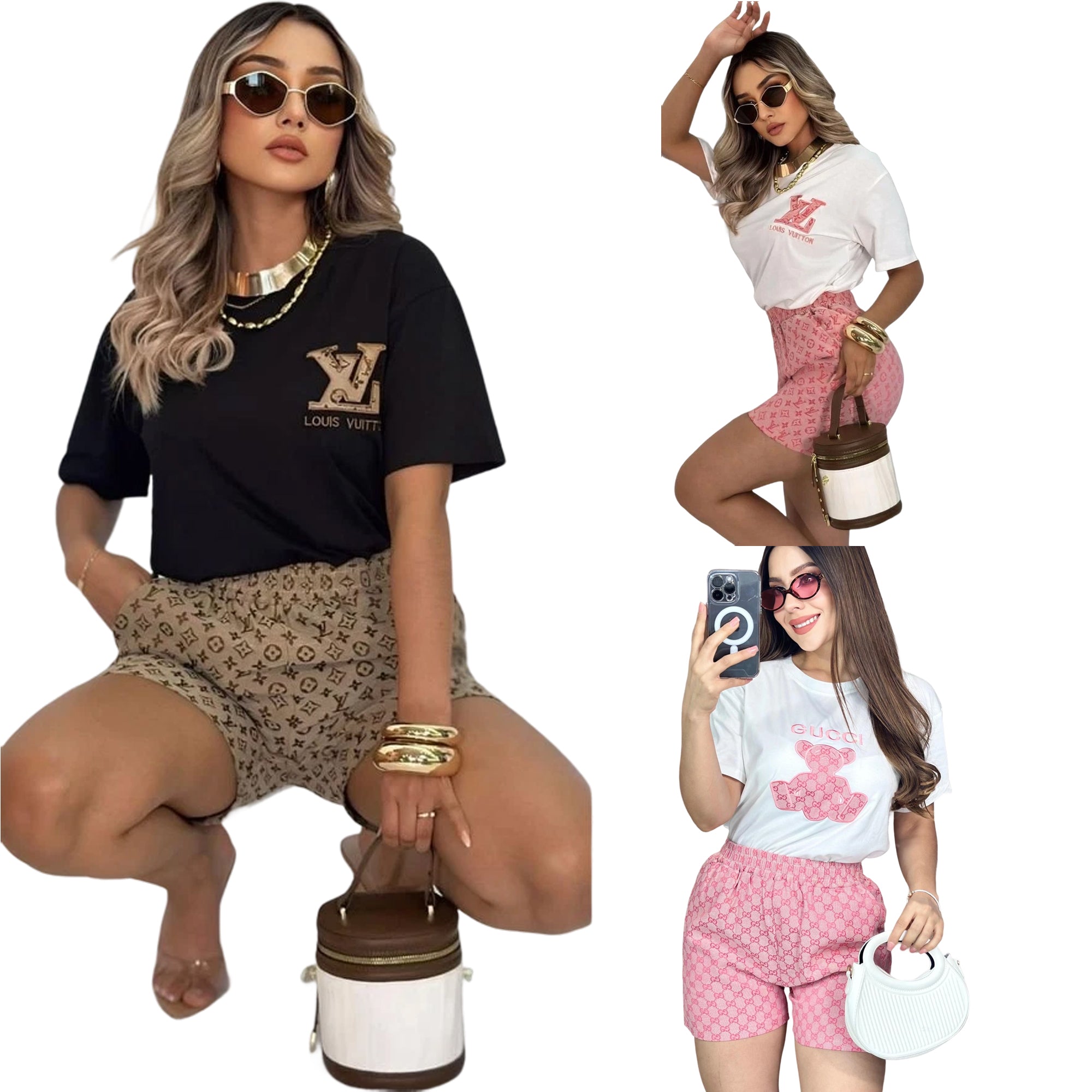 Women's Summer Embroidered & Printed Short-Sleeved Shorts Set 15