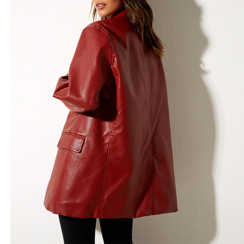 Women Fall/Winter Casual PU-Leather Blazer Coat 12