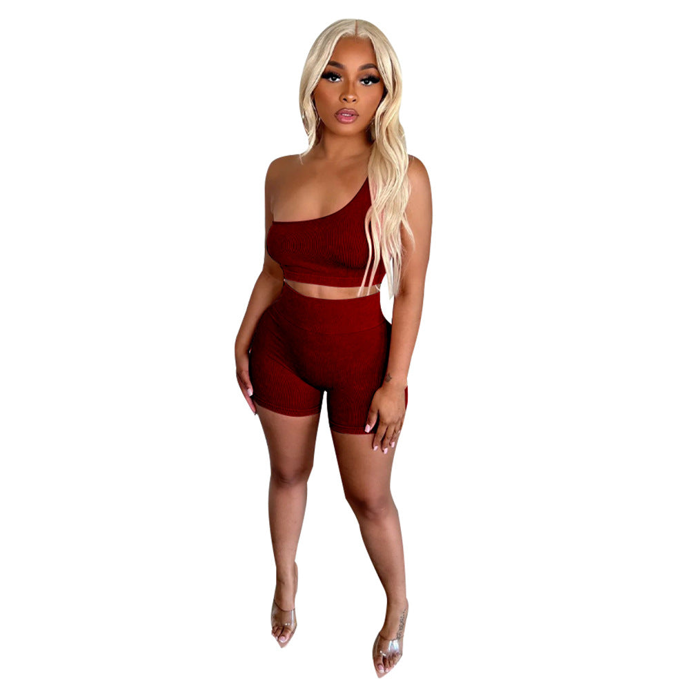 Slash Shoulder Sleeveless High-Rise Shorts Casual Tracksuit 15