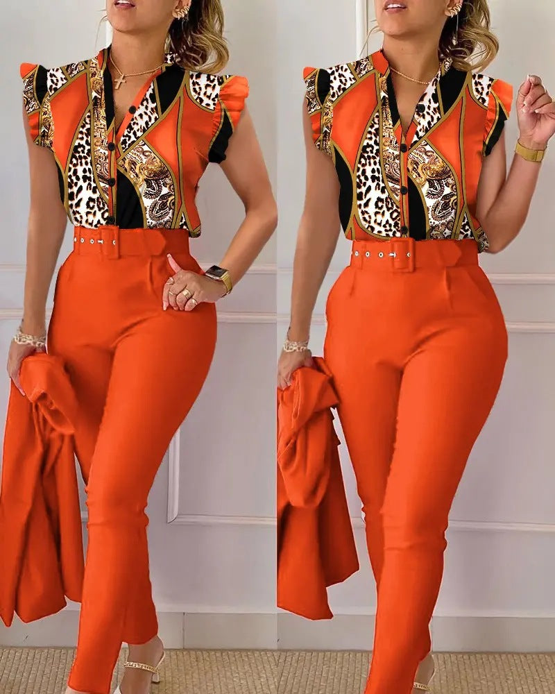 Stylish Printed Ruffle Sleeve Top Solid Color Pants Two Piece Set With Belt 34