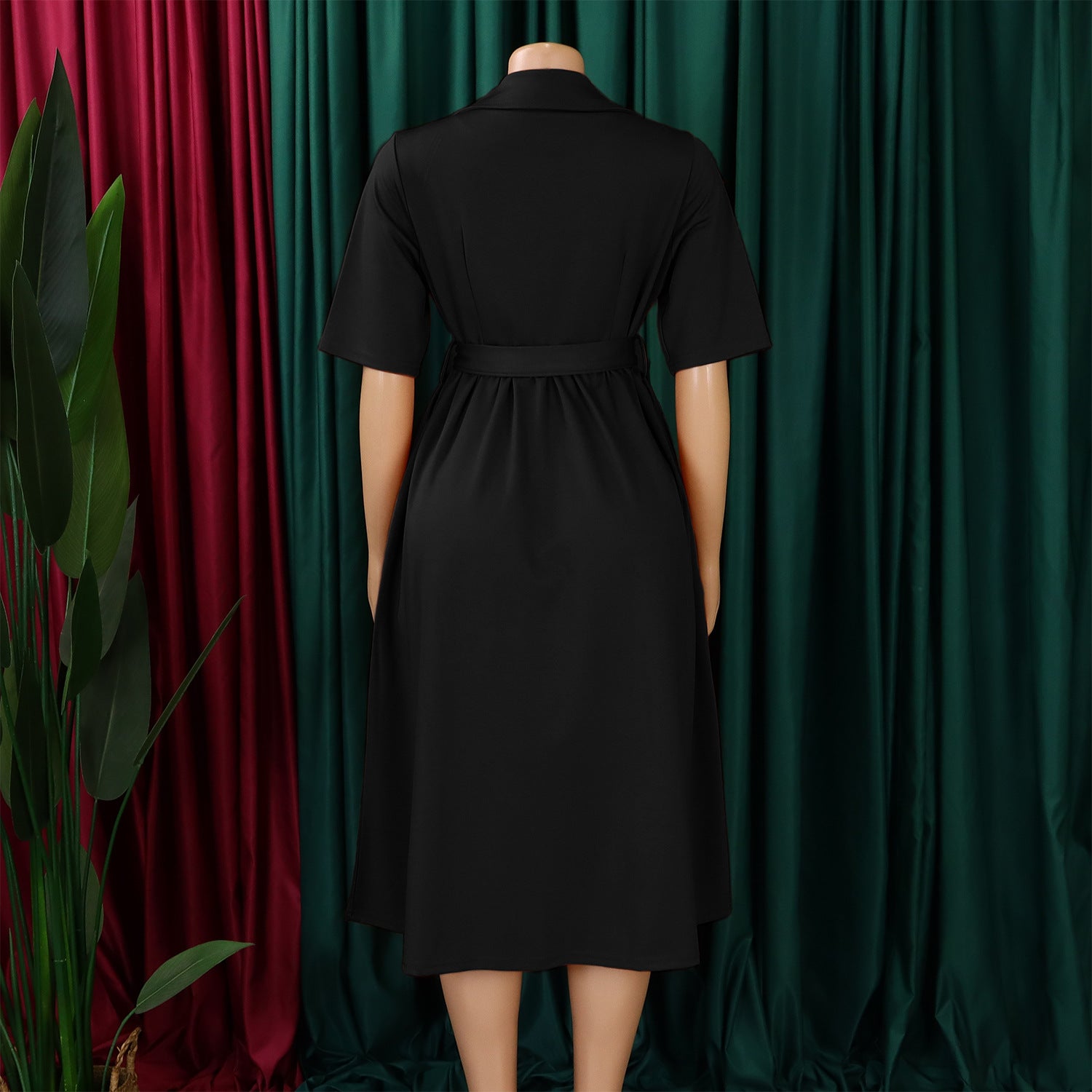 Plus Size Women Summer Short Sleeve Turndown Collar Lace-Up Solid African Dress 35