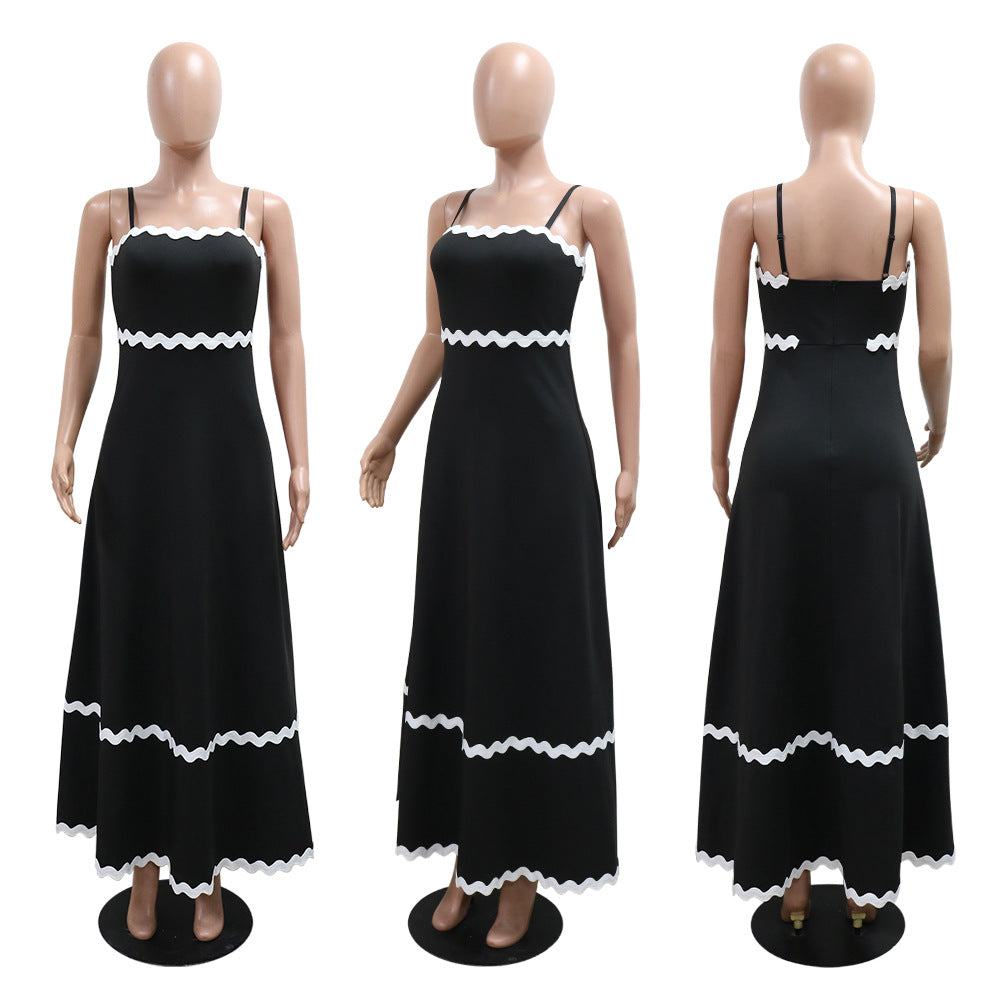 Women Strap Solid Wave Ribbon Patchwork Solid Strap Dress 16