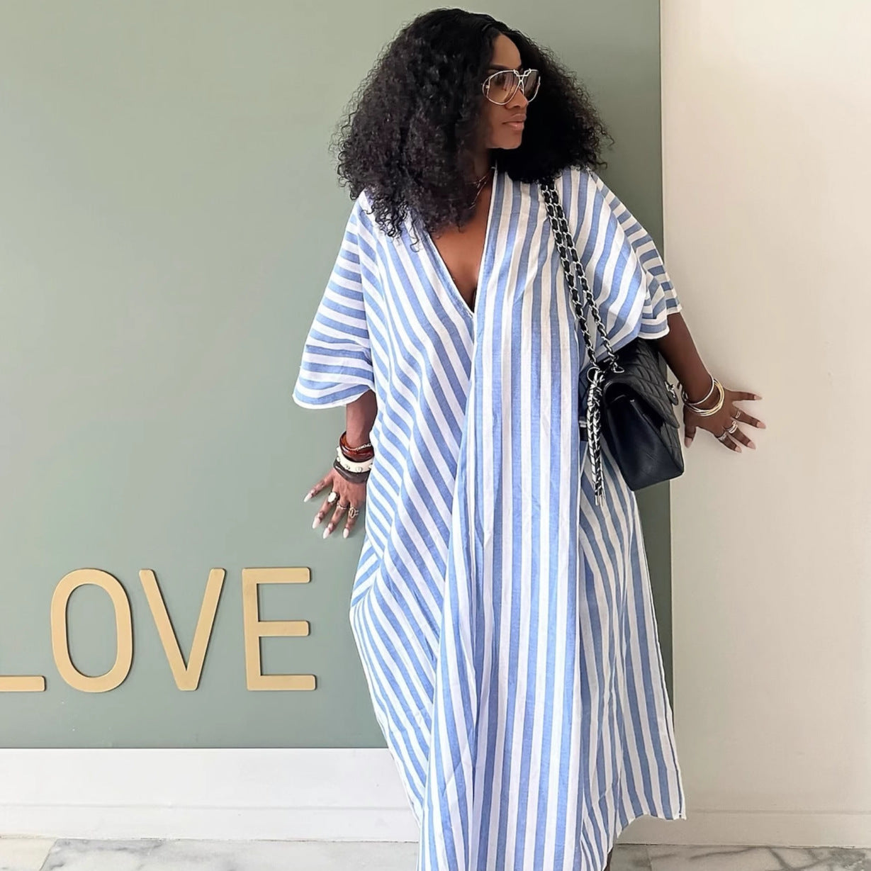 Plus-size African Women V-neck striped maxi dress 5