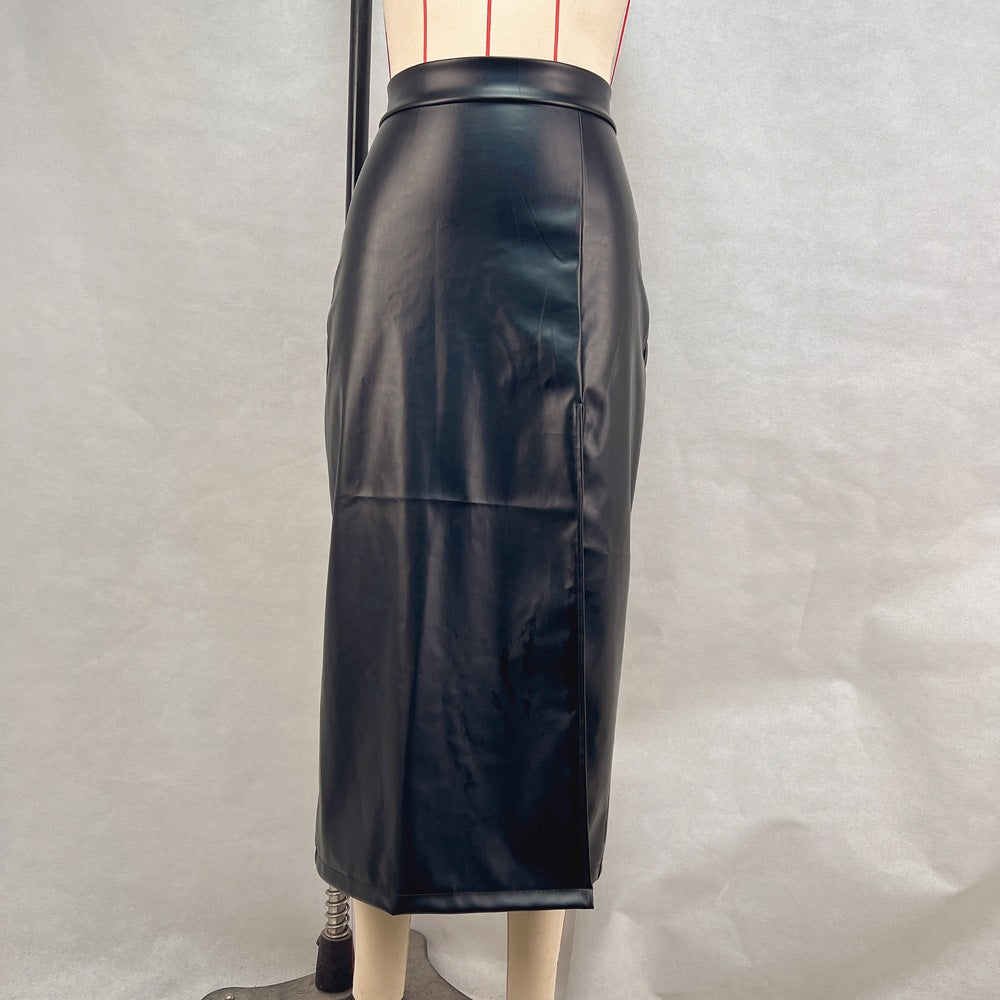 Women's Clothing Solid Color High Waist Slim Slit Leather Skirt 13