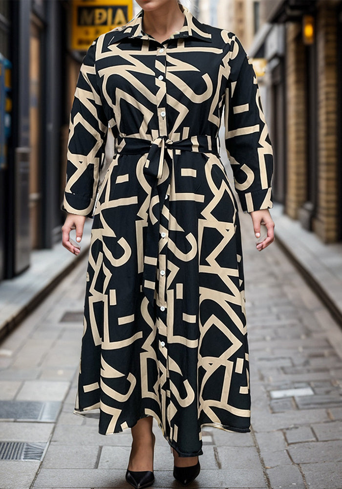 Women's Spring Summer Fashion Chic Plus Size Printed Turndown Collar Long Sleeve Dress