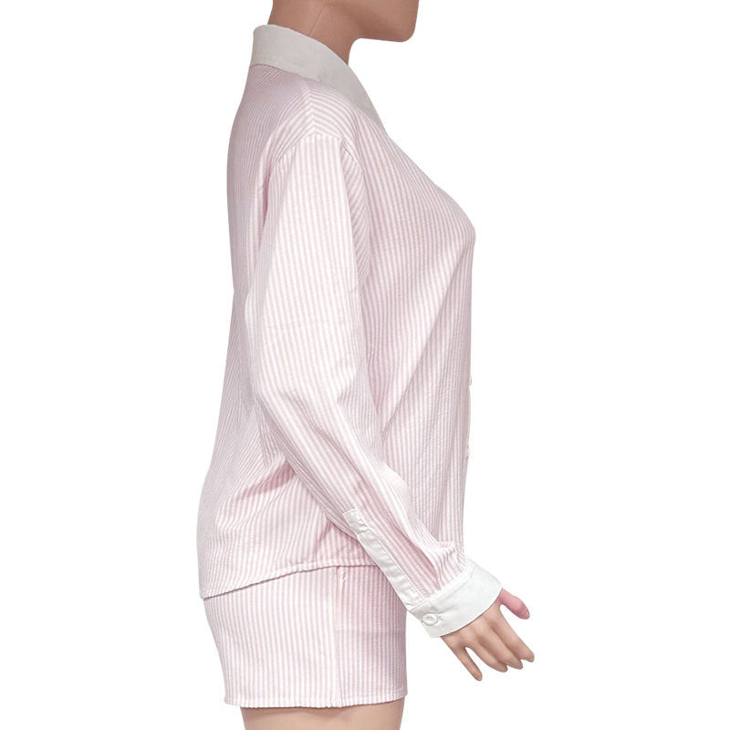 Summer Turndown Collar Long Sleeve Striped Shirt Elastic Waist Shorts Two-Piece Set 16