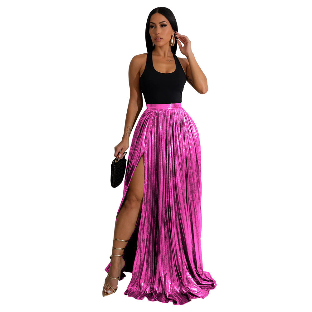 Women Solid High Waist Pleated Slit Skirt 10