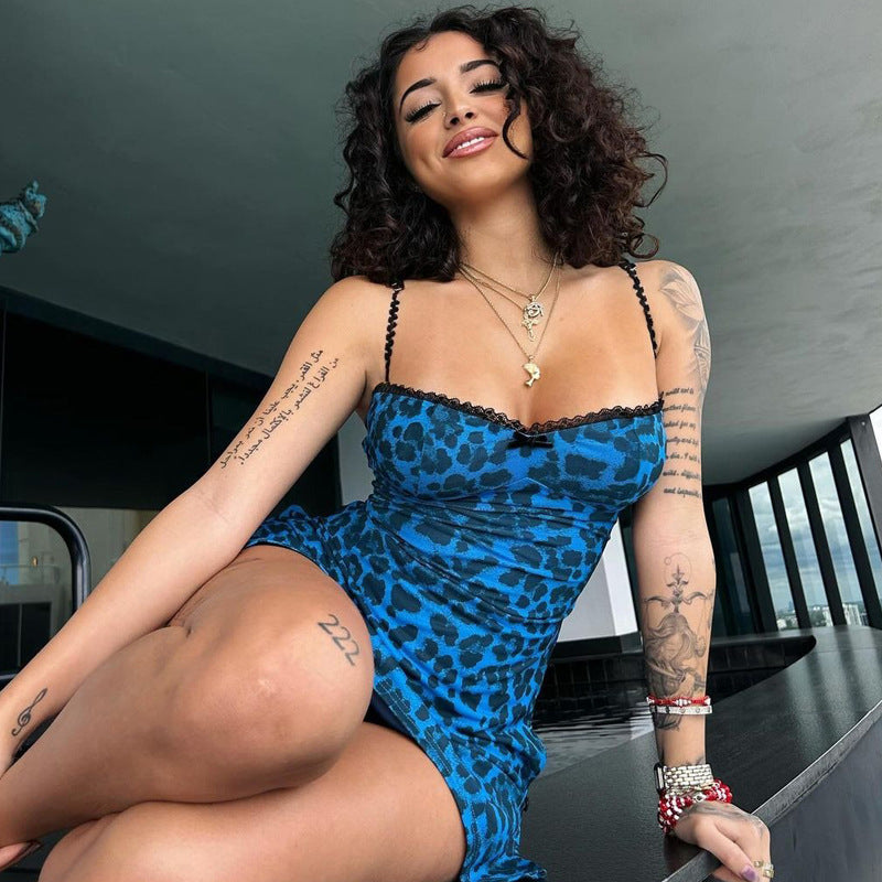 Women's Summer Fashion Leopard Printed Side Slit Strap Dress 7