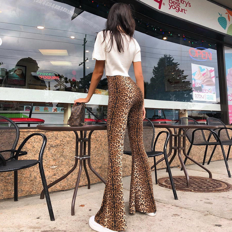 Women Spring Leopard Print Basic Bell Bottom Pants 5