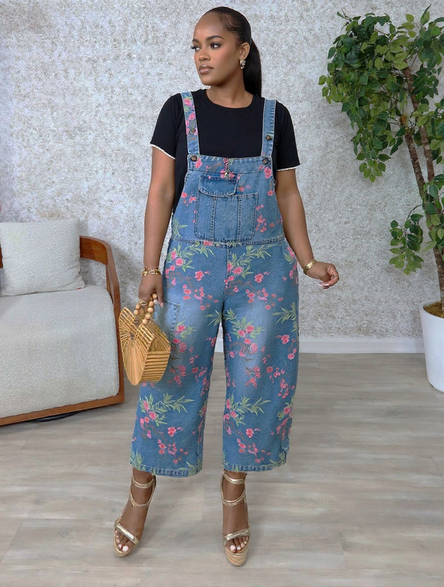 Women Printed Retro Denim Suspenders