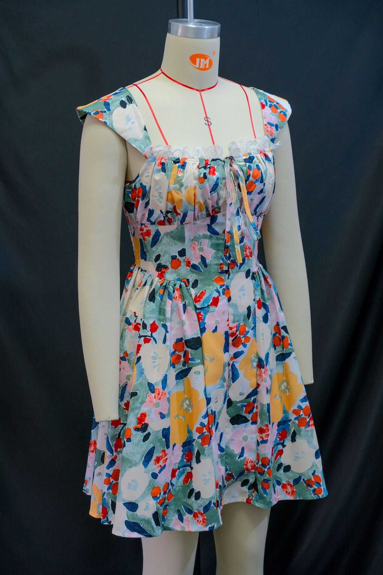 Women's Summer Lace Printed Strap Pleated Short Dress 3