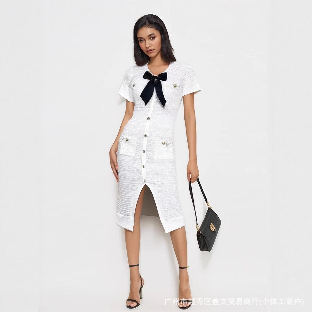 Women French V Neck Bow Short Sleeve Beaded Button Knitting Slit Dress 5