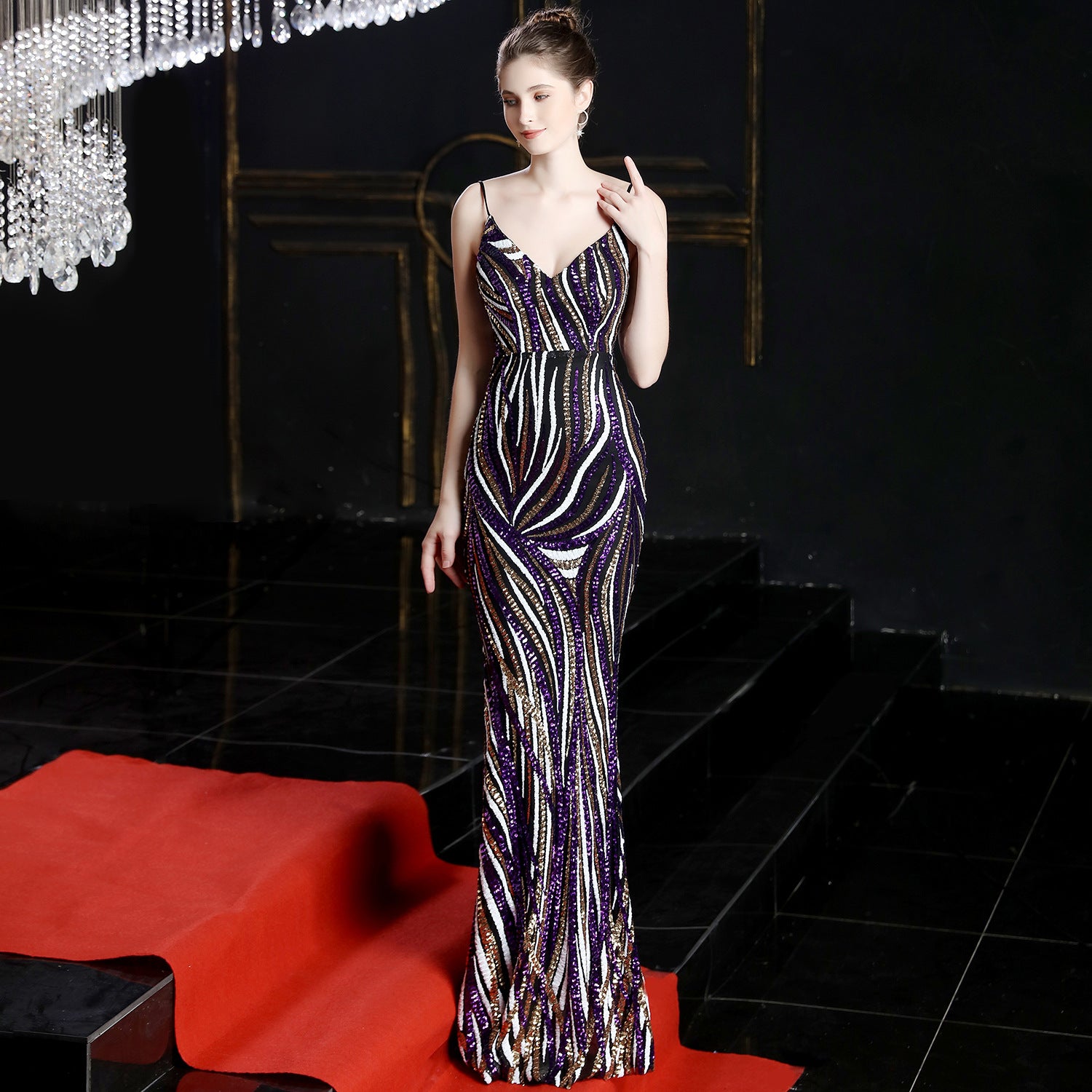 High end sequin stripe color slim fitting dinner party annual meeting suspender long dress 3