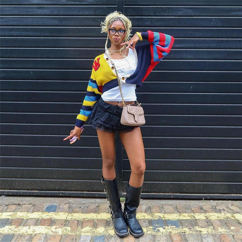 Women casual multi-color letter knitting button long sleeve crop jacket 4