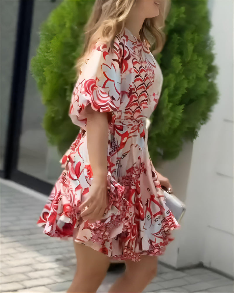 Women Red Abstract Geometric Pattern Puff Sleeve Lace-Up Bell Bottom Dress 5