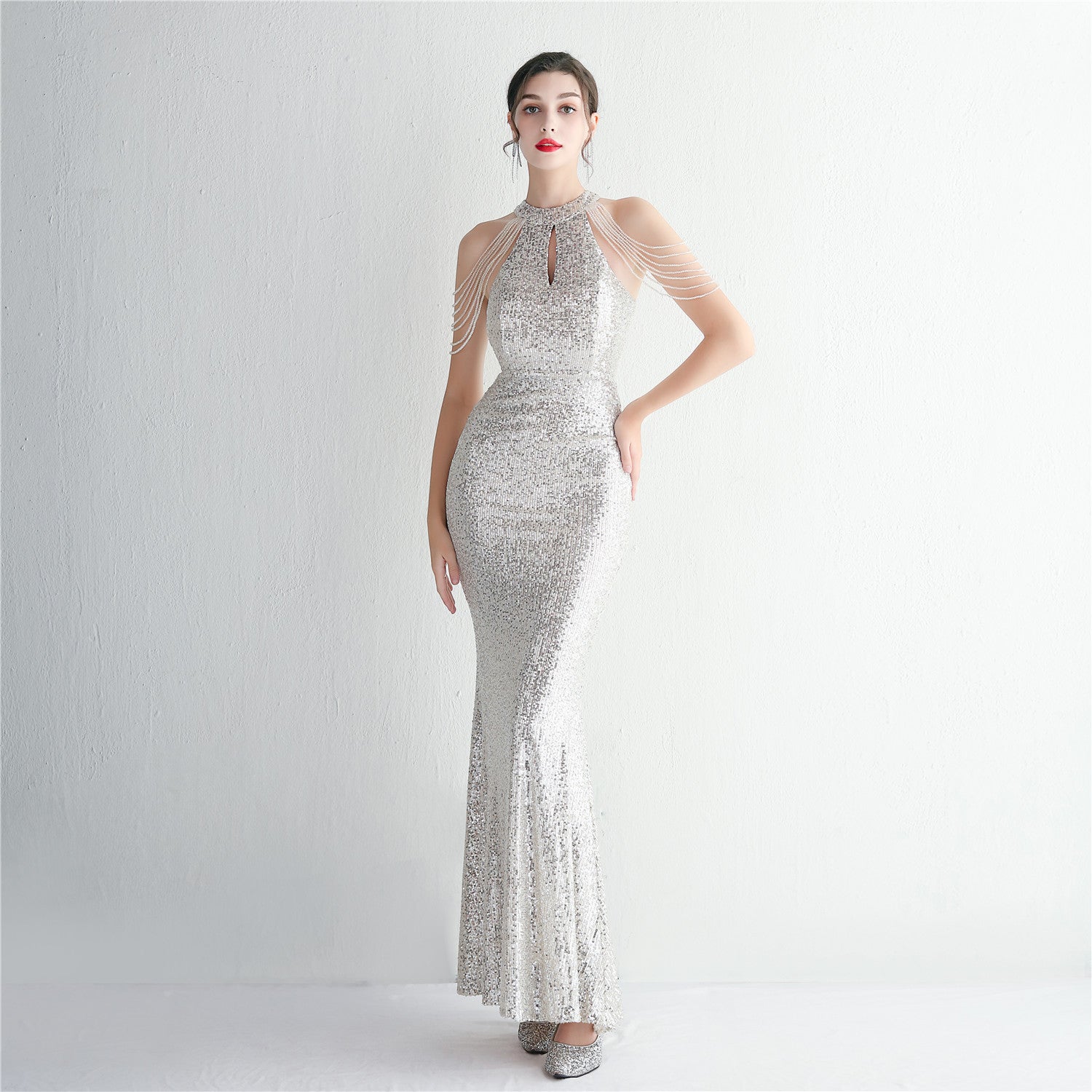 WomenElegant Sequined Halter Neck Evening Dress 14