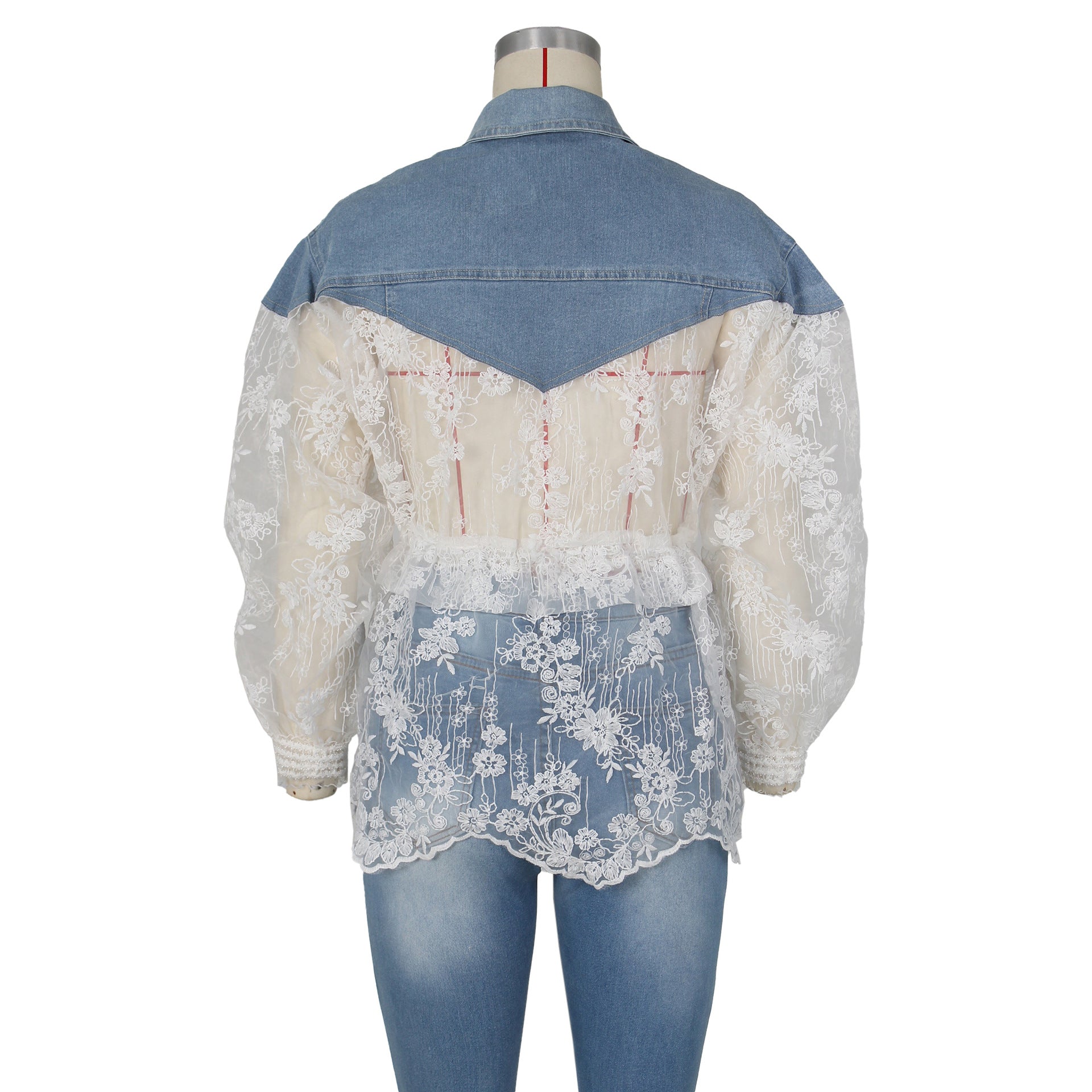 Sexy Ladies Denim Patchwork Embroidered Mesh See-Through Slim Waist Shirt 9