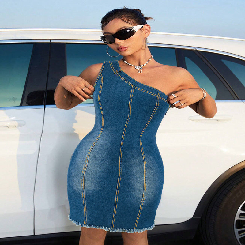 Plus Size Women's Slash Shoulder Denim Dress