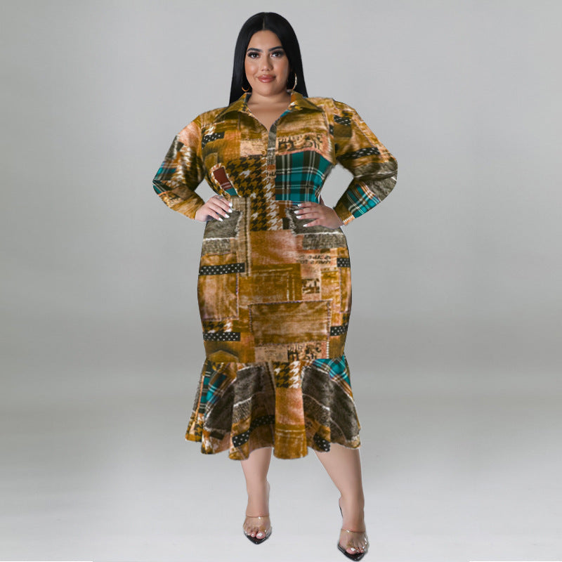 Plus Size Fall Women's Collared Open Long Sleeve Dress 6