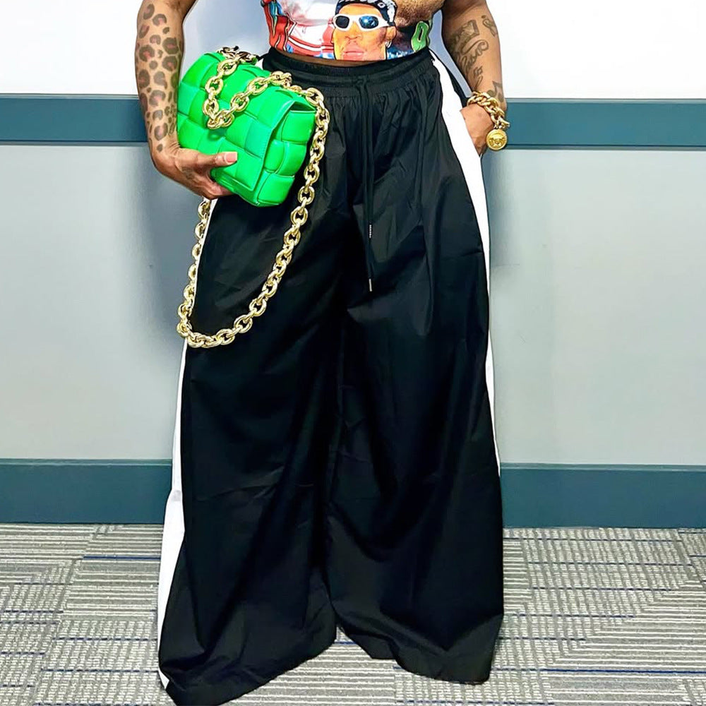Women casual color matching drawstring wide leg pants 4