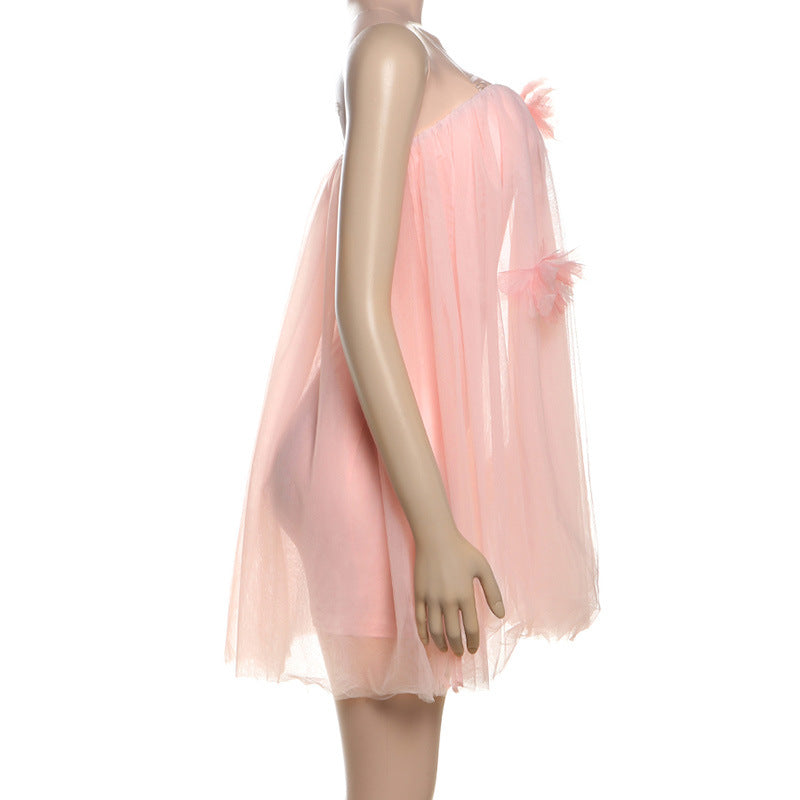 Summer Women's Mesh Puffy Dress Floral Strapless Dress 7