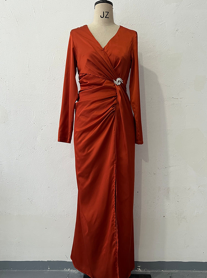 Summer V-Neck Solid Color Long-Sleeved Slim Women's Long Dress 13