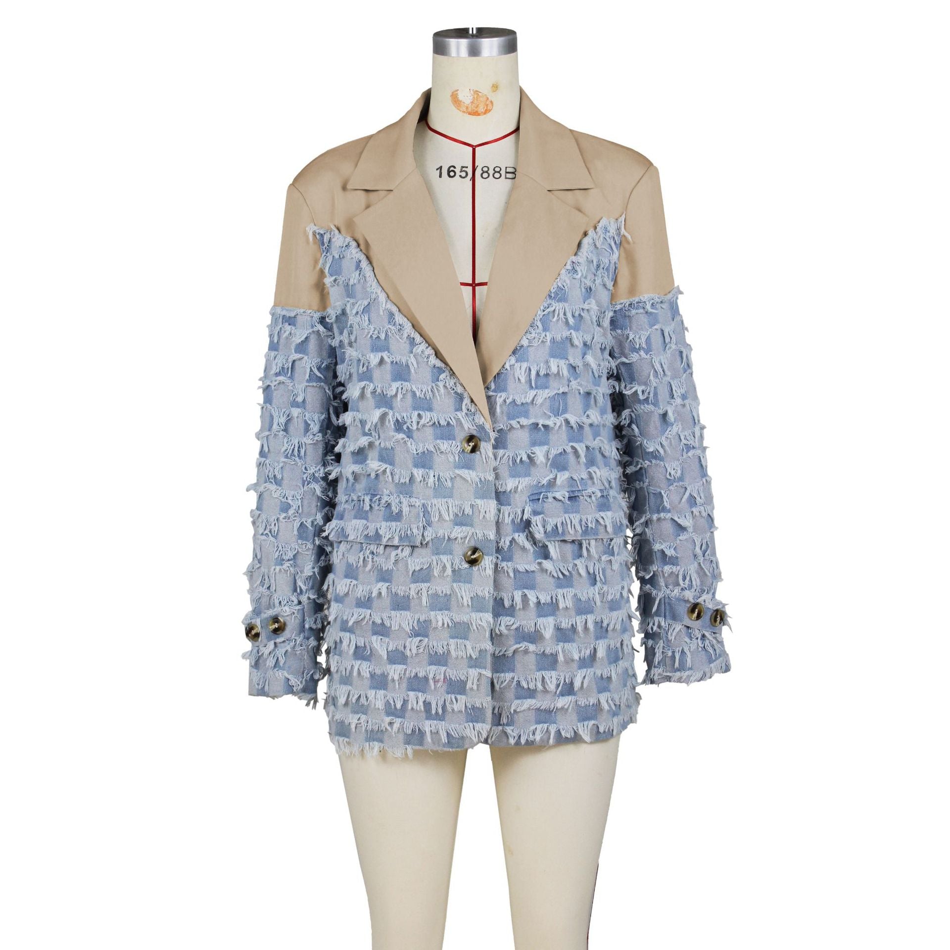 Women checkerboard jacquard contrast color Patchwork suit jacket 13