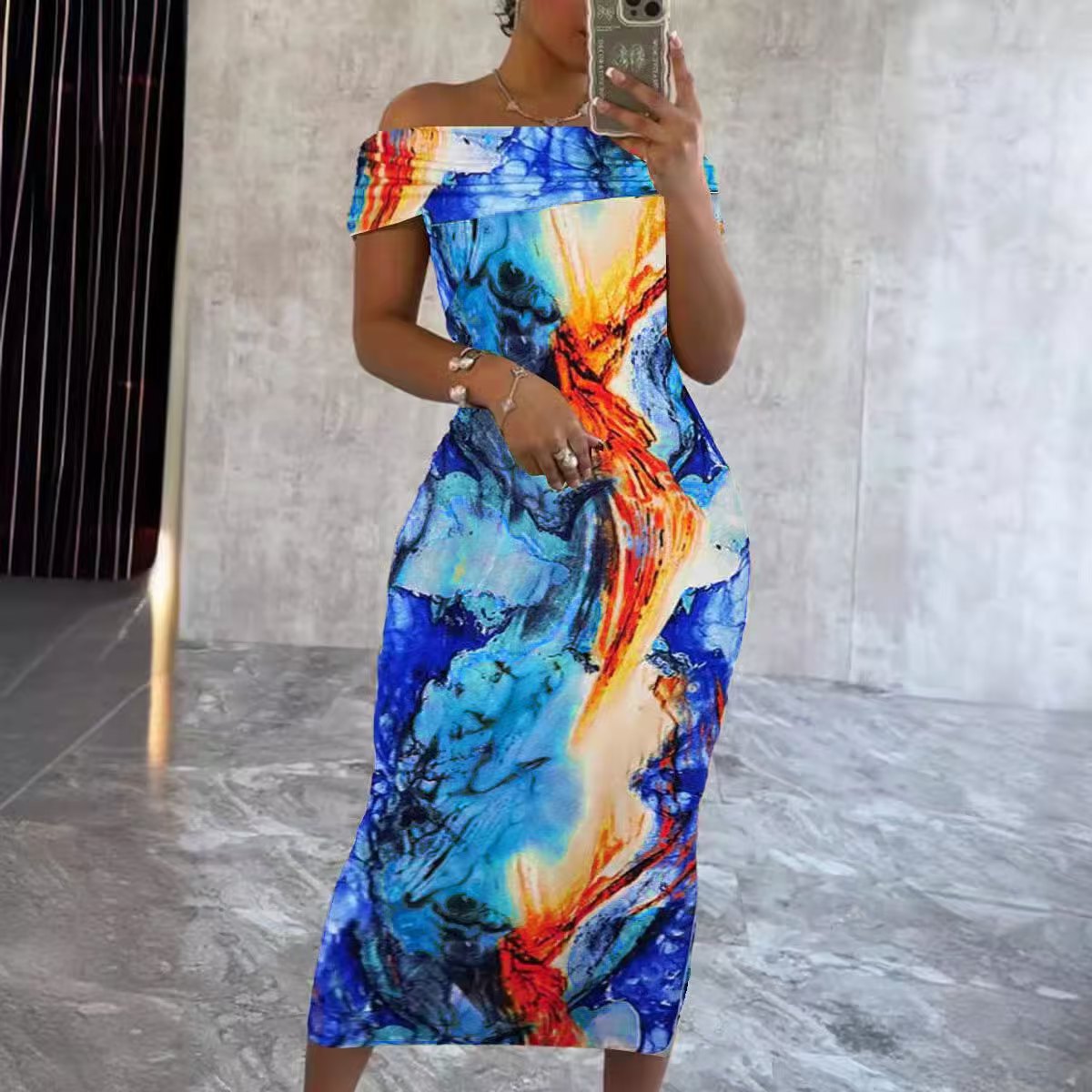 Women Sleeve Casual Sexy Off Shoulder Print Sleeveless Stretchy Bodycon Dress 5