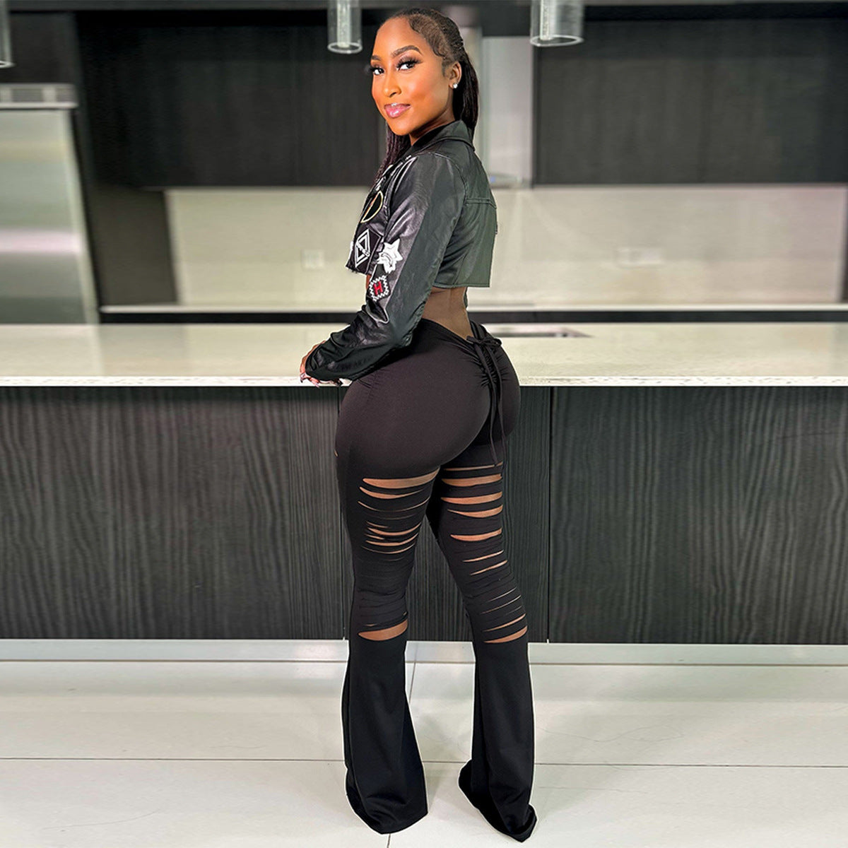 Women street fashion embroidered Pu-Leather Crop jacket 3