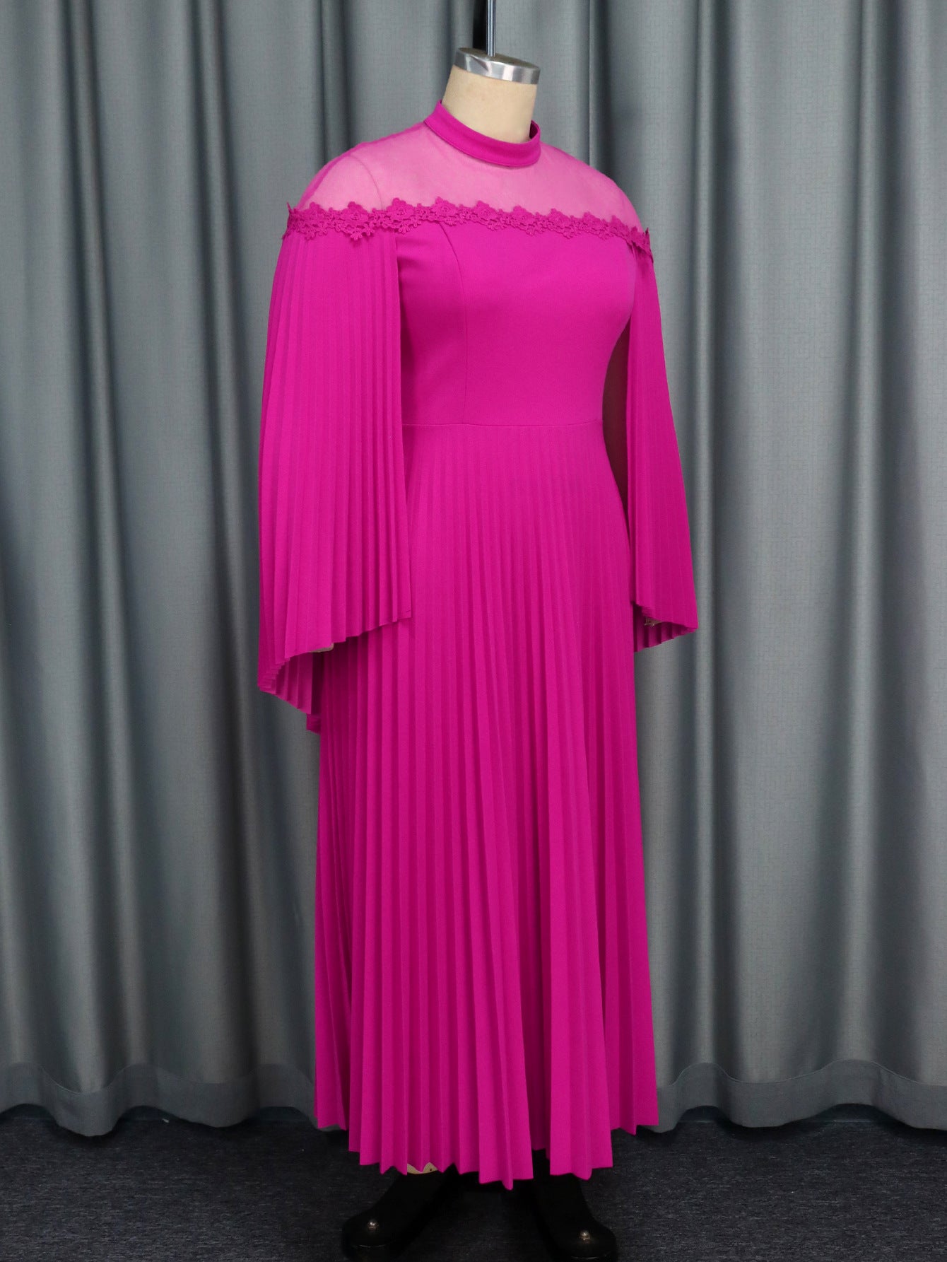 Shawl Sleeve See-Through Collar Pleated Plus Size A-Line Party Dresses 4