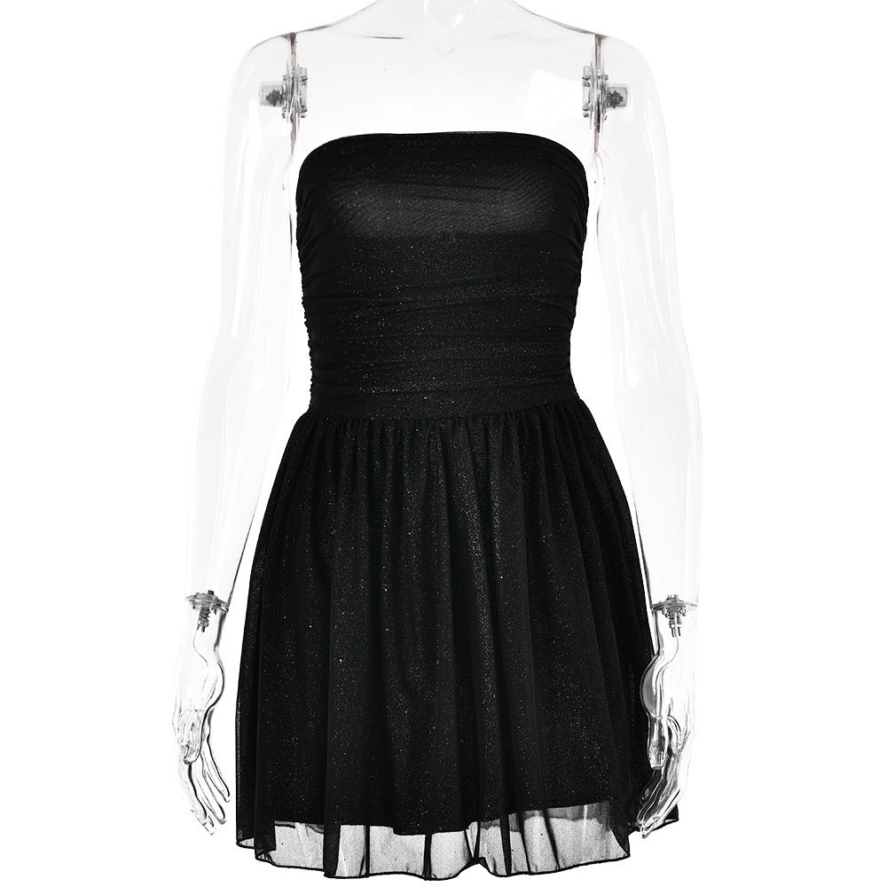 Women Strapless Off-Shoulder Mesh Patchwork Dress 9