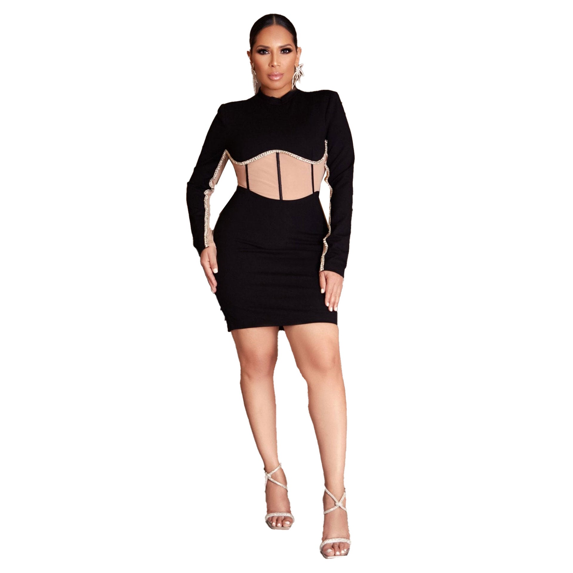 Sexy Rhinstone Patchwork Contrast Slim Waist Long Sleeve Bodycon Dress 7