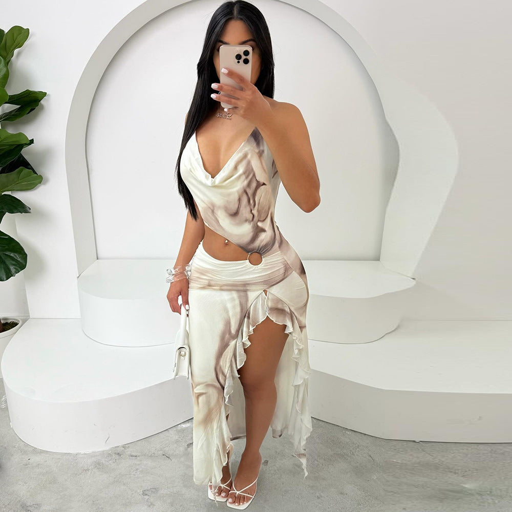 Women's Spring/Summer Contrast Color Halter Neck Irregular Print Dress 3