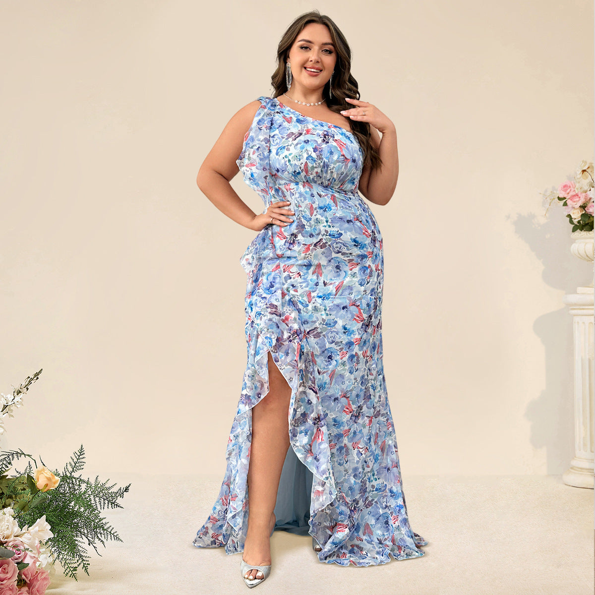 Plus Size Women's One-Shoulder Floral Maxi Dress 13