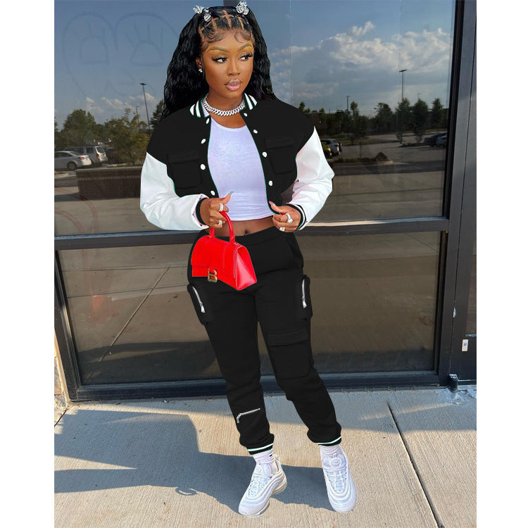 Women's Fall/Winter Casual Cargo Style Color Block Baseball Jacket Sweatpants Sports Two Piece Set