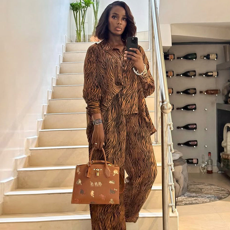 African Zebra Print Long Sleeve Shirt Wide Leg Pants Two Piece Set 4