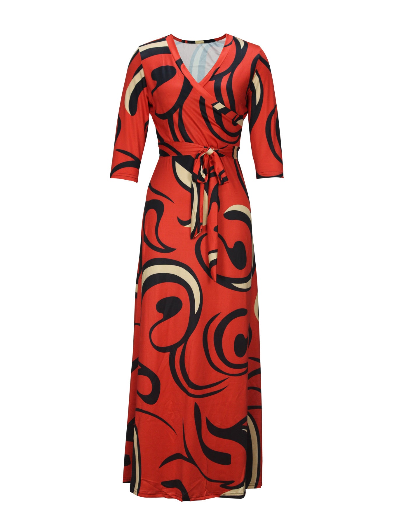 Spring & Autumn Women's Fashion Elegant Wrap V-Neck Half-Sleeve Print Belt Maxi Dress 86