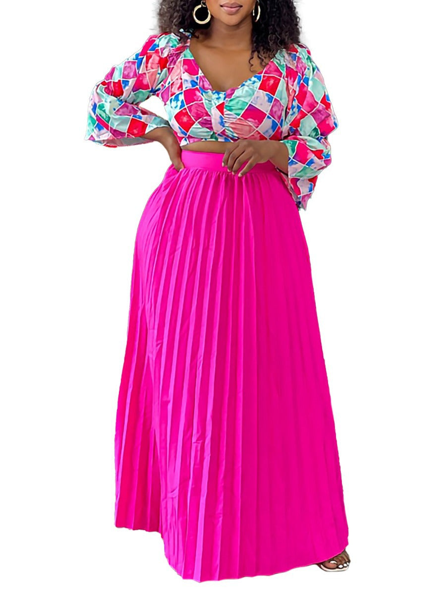 Women's Fashionable V Neck Printed Top Pleated Long Skirt African Two Piece Set 6