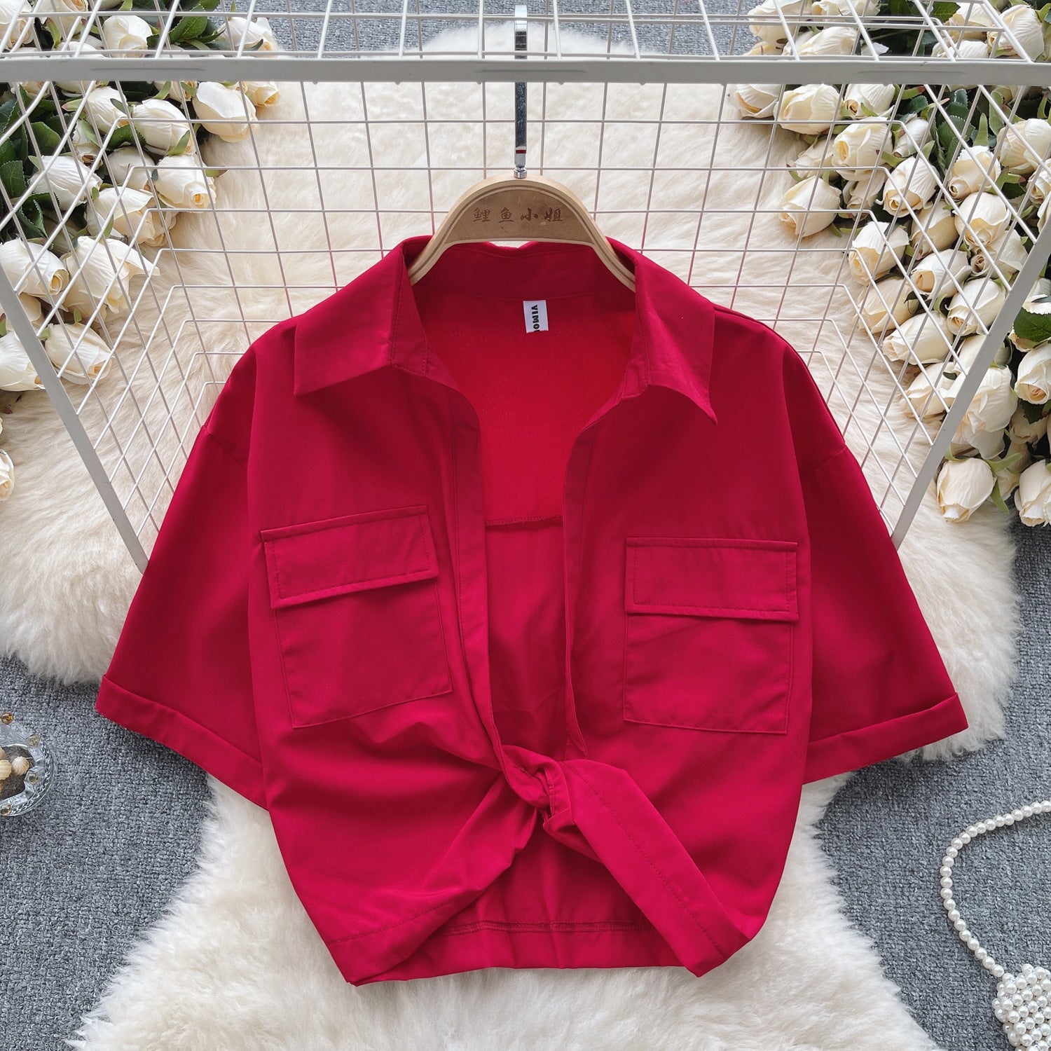 Women Turndown Collar v-neck Knot short-sleeved Crop Top 6