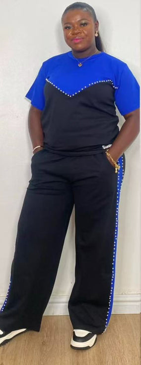 Women Casual Patchwork Contrast Beaded Short Sleeve Top and Pant Two-Piece Set 3