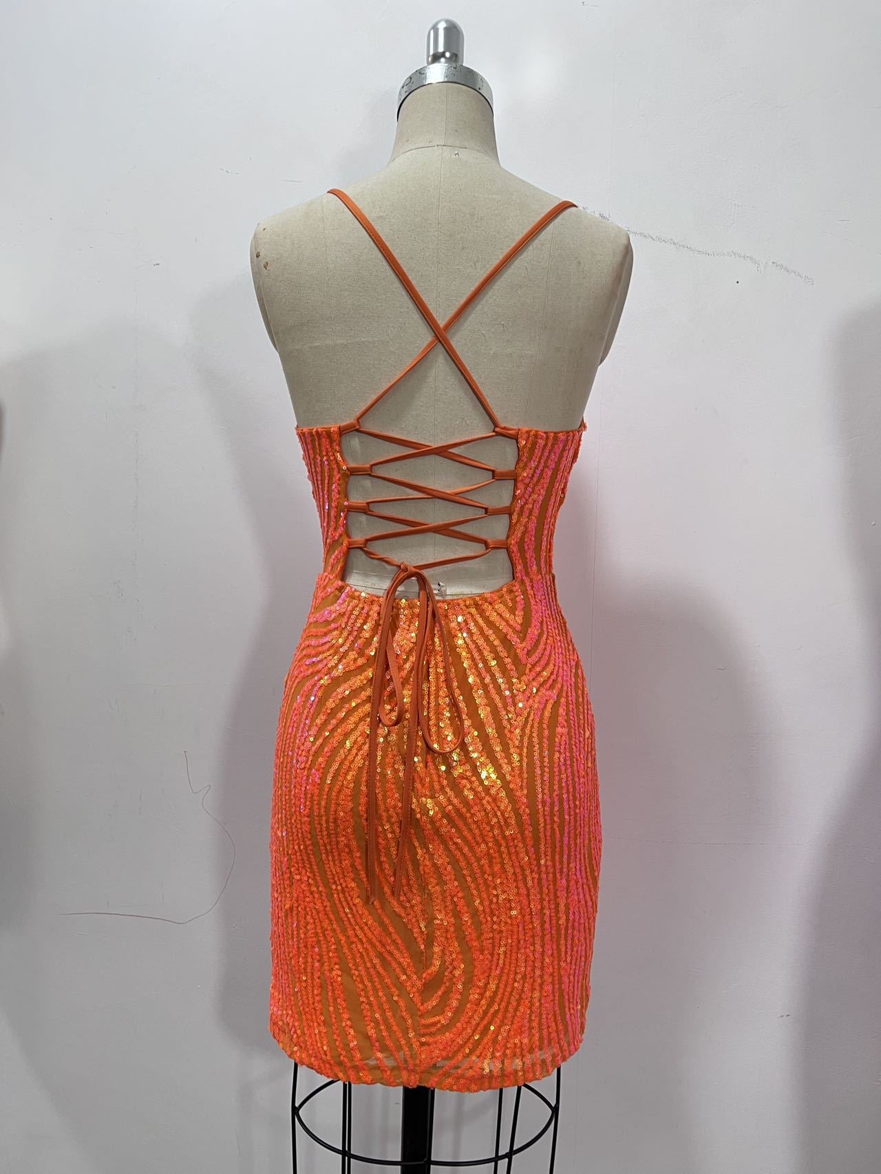 Women Spring and Summer Sexy Sequin Suspender Orange Bodycon Dress 8