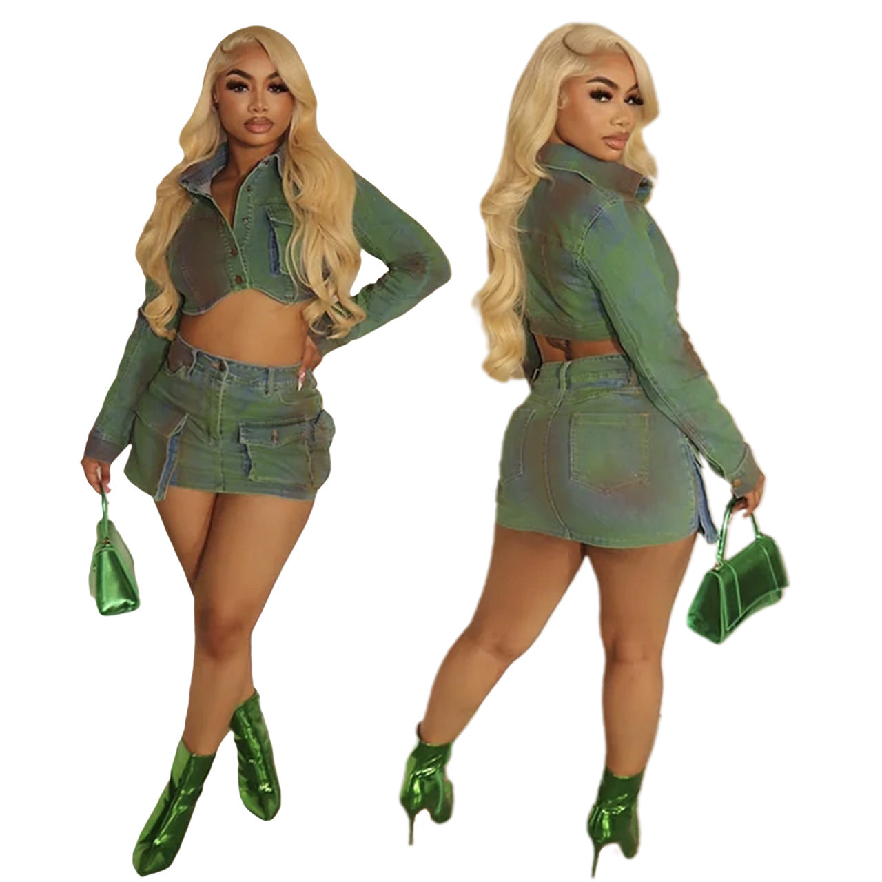 Fashionable Denim Painted Stretch Two Piece Skirt Set 6