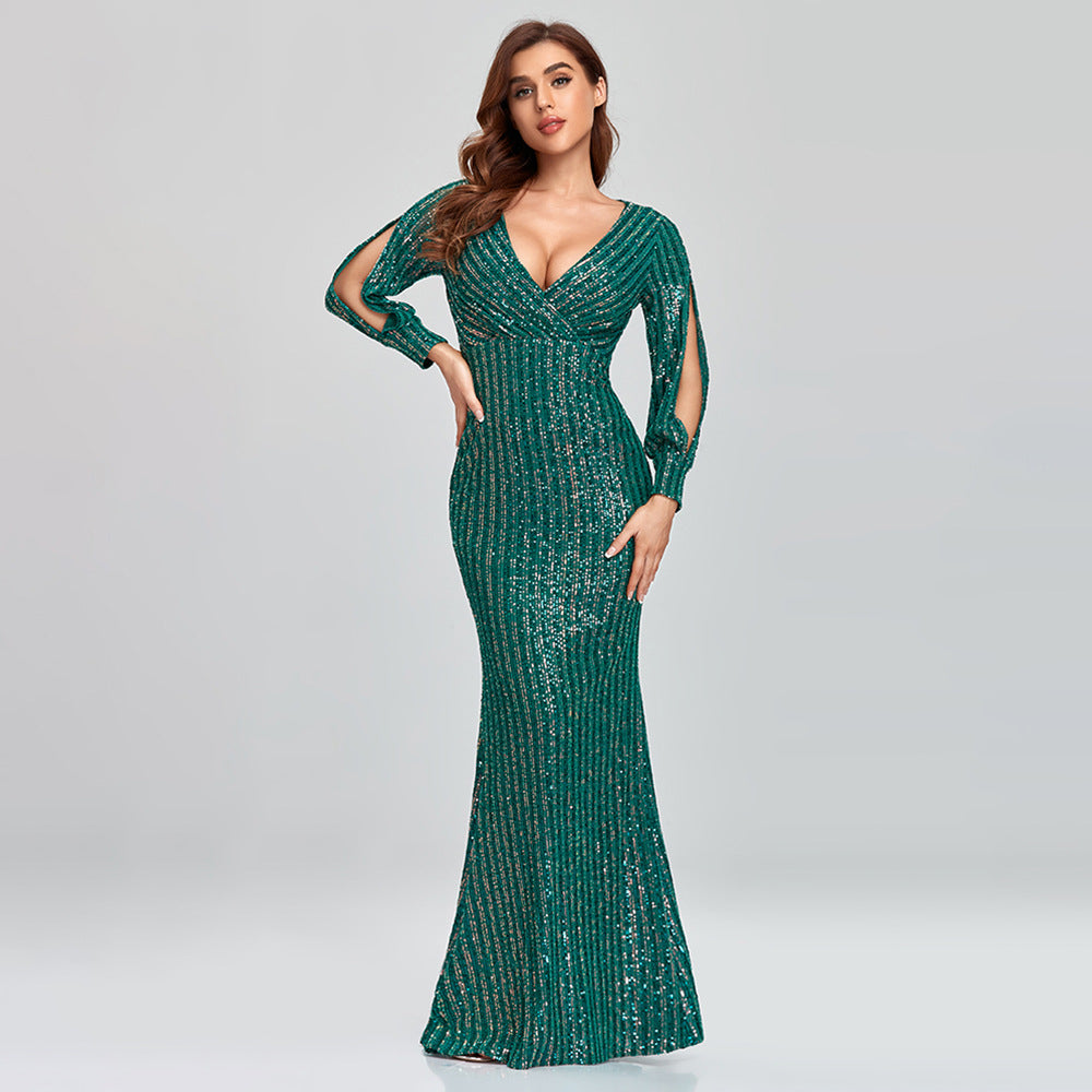 Plus Size Women Long Sleeve V-Neck Sequined Mermaid Evening Dress 5