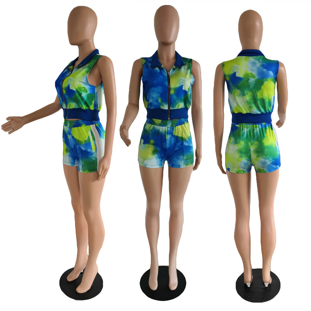 Women's Beaded Sleeveless Sexy Tie-Dye Two-Piece Shorts Set 11