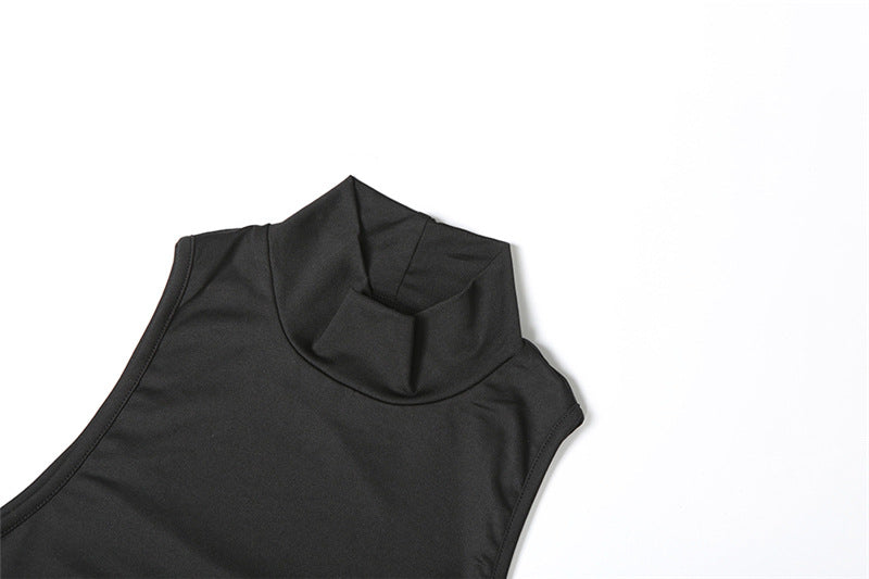 Fashion Women's Solid Color Semi-Turtleneck Metal Button Sleeveless Slim Sexy Dress 11