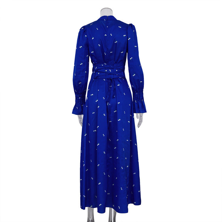 Women's Printed Round Neck Long Sleeve Dress Fall Fashion Slim Waist Satin Maxi Dress 14