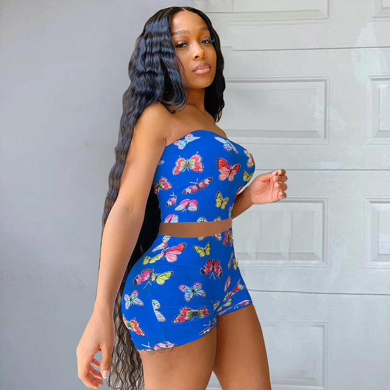 Summer Women's Sexy Slim Fit Butterfly Print Strapless Two Piece Shorts Set 3